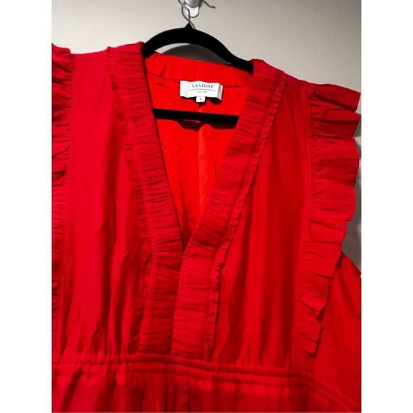 La Ligne Women's Red Marta Ruched Tiered Cotton Midi Dress Large NWOT - Picture 6 of 10